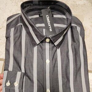 Claiborne Men's SLIM Fit Long Sleeve 80's 2-Ply Striped Dress Shirt SIZE XL
